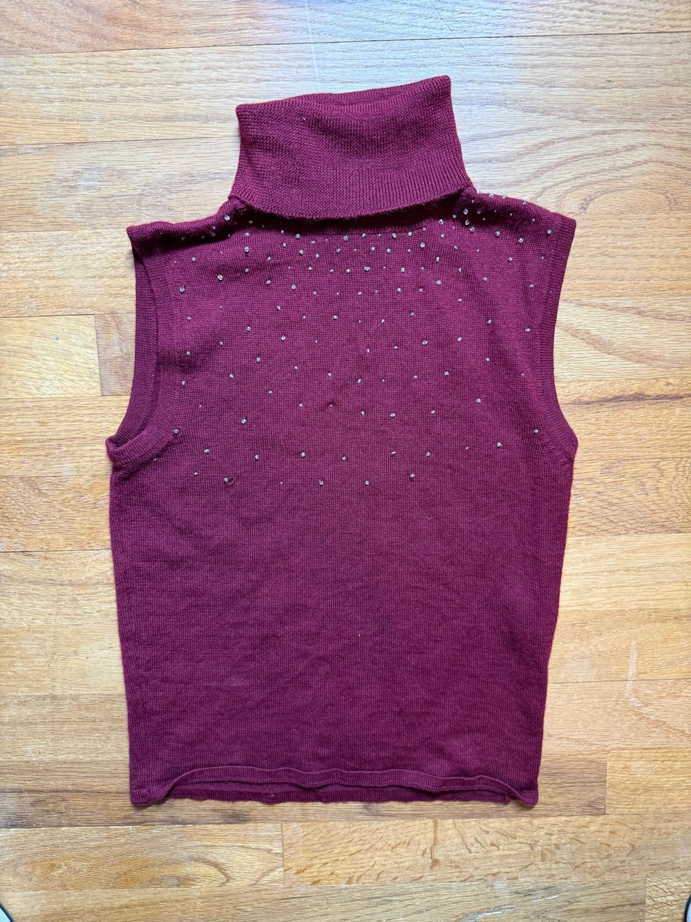 Vintage Luigi Massoni Burgundy Rhinestone Sleeveless Turtleneck Knit Top